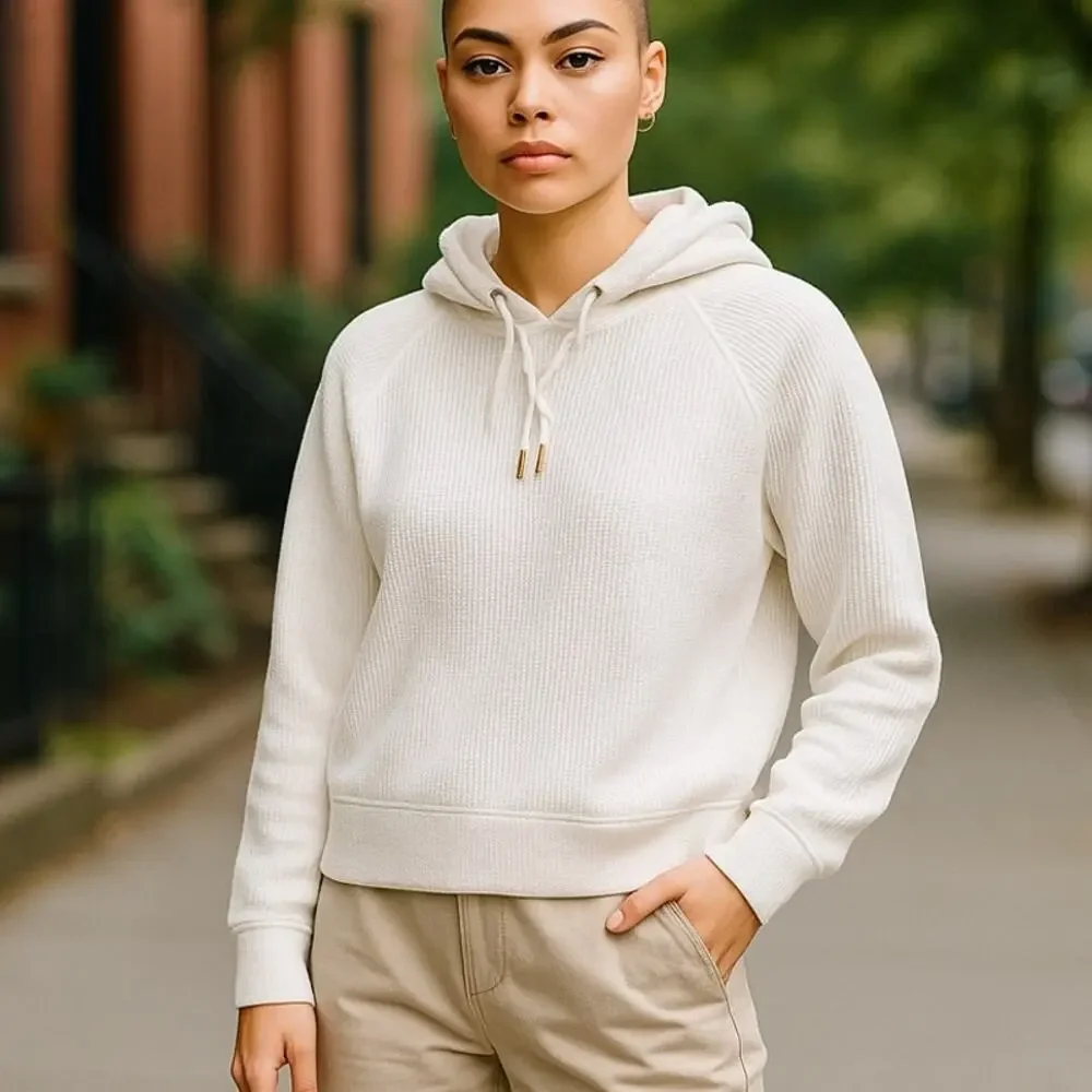 MICHAEL KORS White Cotton Waffle Knit Pullover Hoodie Sweatshirt ~ Women's XL
